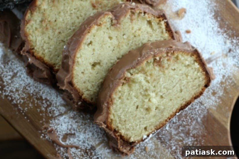 Decadent Banana Pound Cake with Rich Milk Chocolate Glaze 7 Banana Pound Cake with Milk Chocolate Glaze ready to serve