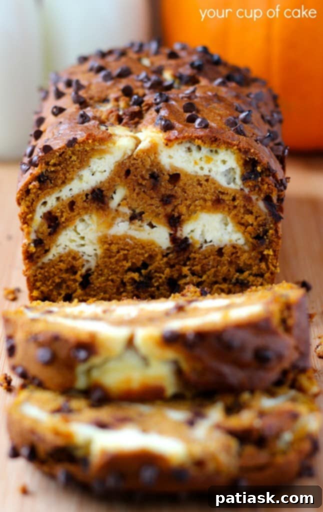20 Pumpkin Bread Masterpieces for Autumn 7 Decadent pumpkin bread featuring a creamy cheese swirl and chocolate chips, a perfect fall treat.