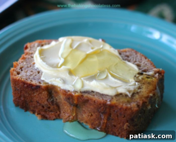 Mimi's Signature Honey Vanilla Banana Bread 2 Honey Vanilla Banana Bread slice with butter and honey