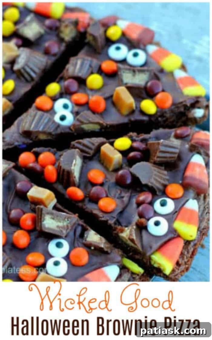 Frightfully Delicious Halloween Brownie Pizza 4 Wicked Good Halloween Brownie Pizza, sliced and ready to serve