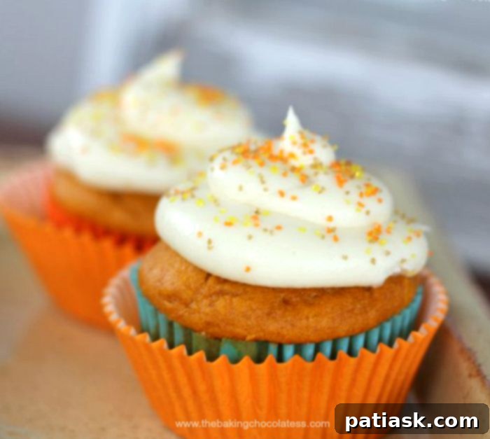 Plush Pumpkin Cupcakes with Vanilla Cream Cheese Frosting - perfect for fall gatherings