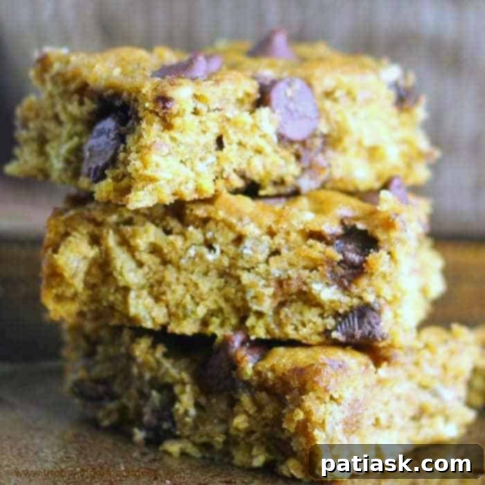 Soft, moist, and delicious Pumpkin Oat Chocolate Chip Bars, perfect for fall baking