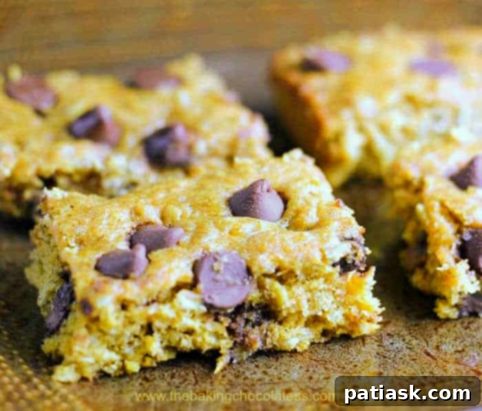 Close-up of Soft Pumpkin Chocolate Chip Bars recipe, showcasing their moist texture and chocolate chips