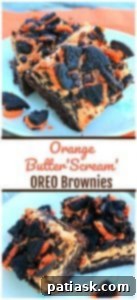 Decadent Orange ButterScream Oreo Brownies 6 Orange Buttercream Oreo Brownies arranged on a festive Halloween plate.