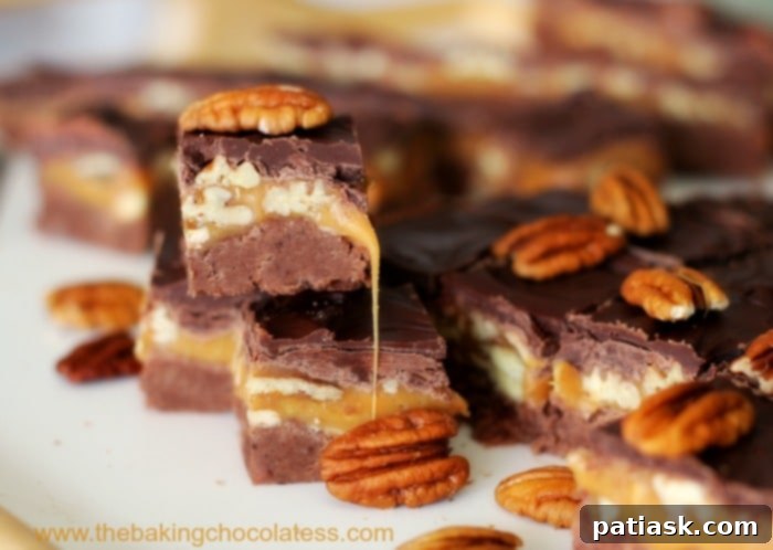 Sea Salt Turtle Fudge with Chocolate and Caramel Pecans 3 Close-up of freshly made Salted Chocolate Caramel Pecan Turtle Fudge, showing distinct layers