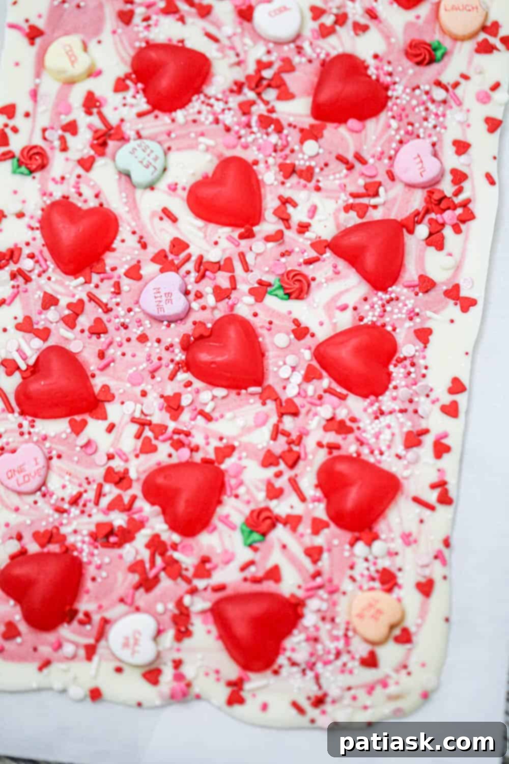 Valentine's Day Chocolate Bark 10 Valentine's Day chocolate bark recipe pieces arranged on a plate