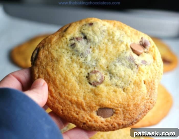 Perfect Thin & Crispy Chocolate Chip Cookies stacked on a cooling rack