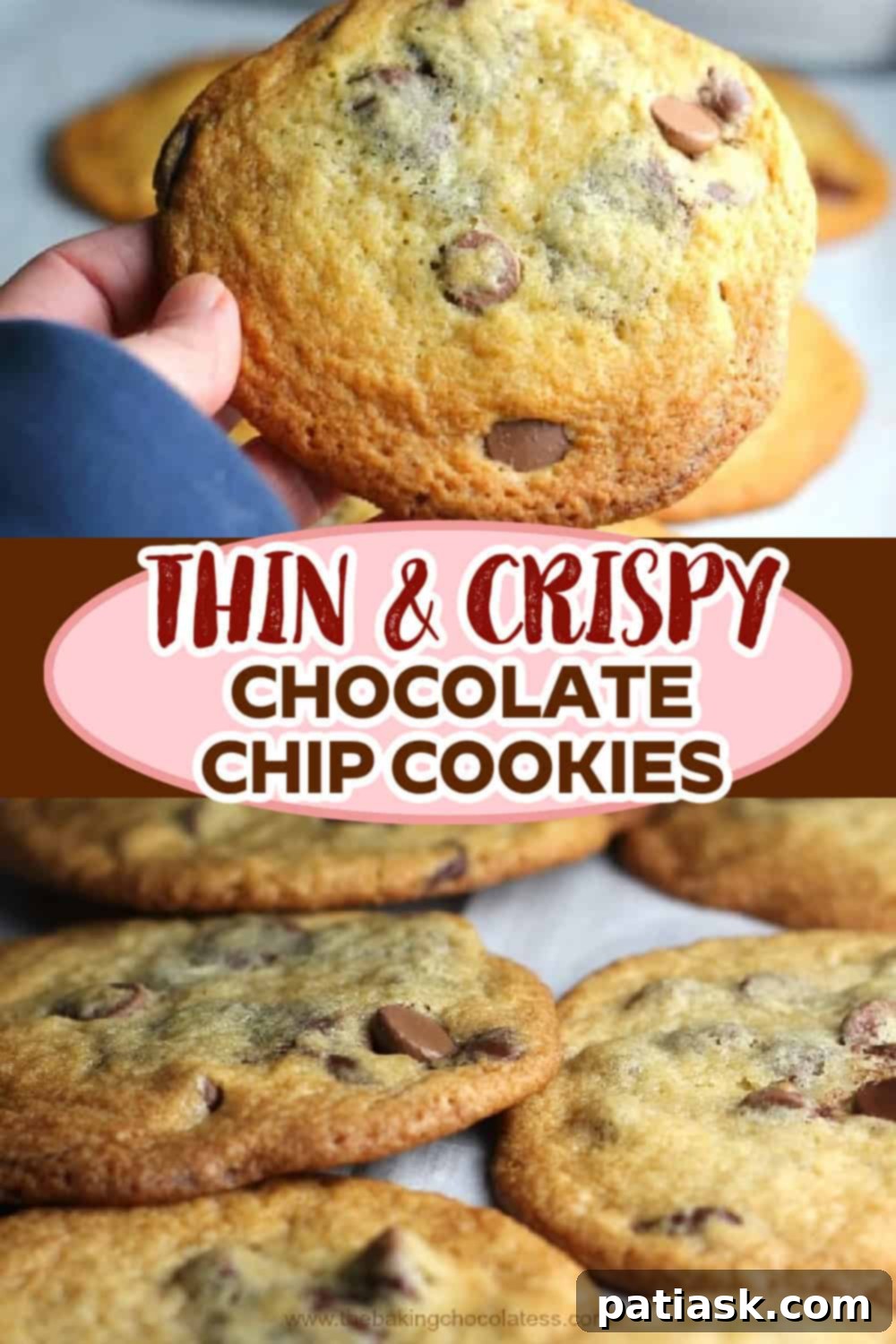 Baked crispy chocolate chip cookies on a parchment-lined baking sheet