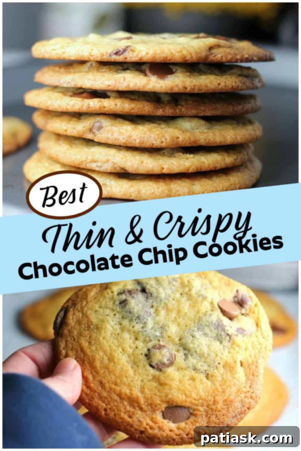 Delicious thin crispy chocolate chip cookies with melted chocolate