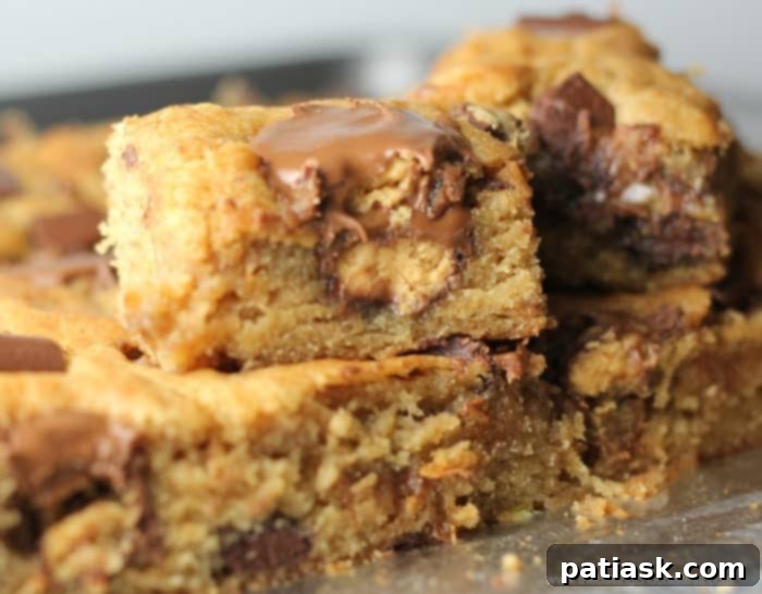 Chunky Monkey Peanut Butter Cup Banana Blondies with melted chocolate