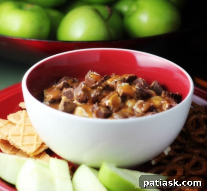 Creamy Candy Bar Dip Close up of Decadent Caramel Covered Candy Bar Dip
