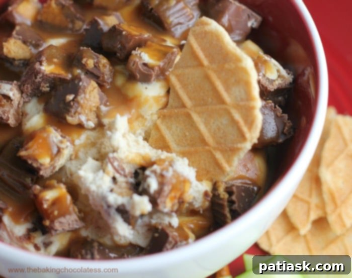 Caramel Candy Bar Dip Platter Decadent Caramel Covered Candy Bar Dip ready to serve