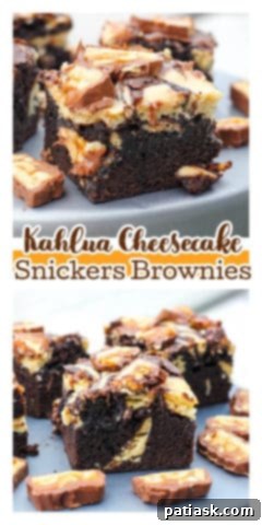 A stack of Kahlua Cheesecake Snickers Brownies, highlighting the rich chocolate, creamy swirl, and Snickers chunks