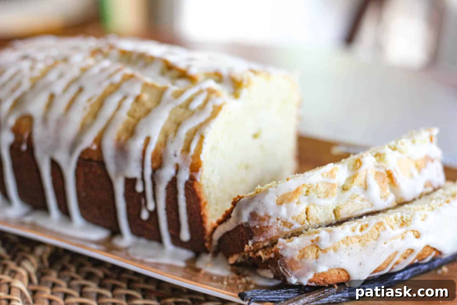 Close-up of a slice of Vanilla Bean Cream Cheese Pound Cake