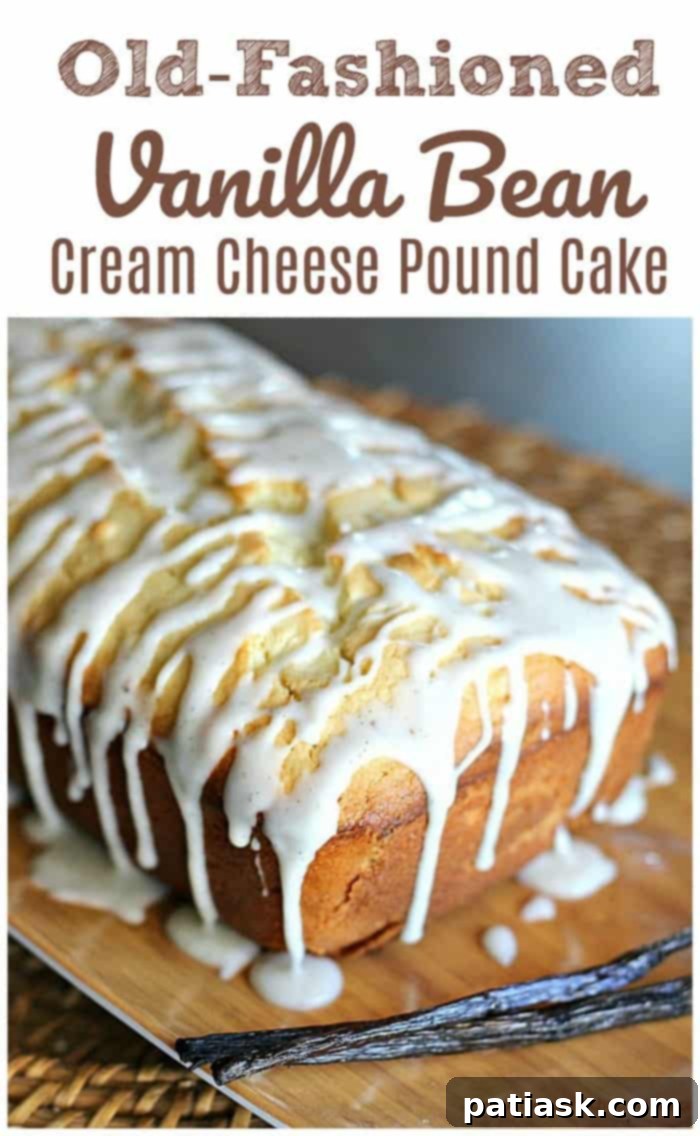 Full view of an Old-Fashioned Vanilla Bean Cream Cheese Pound Cake