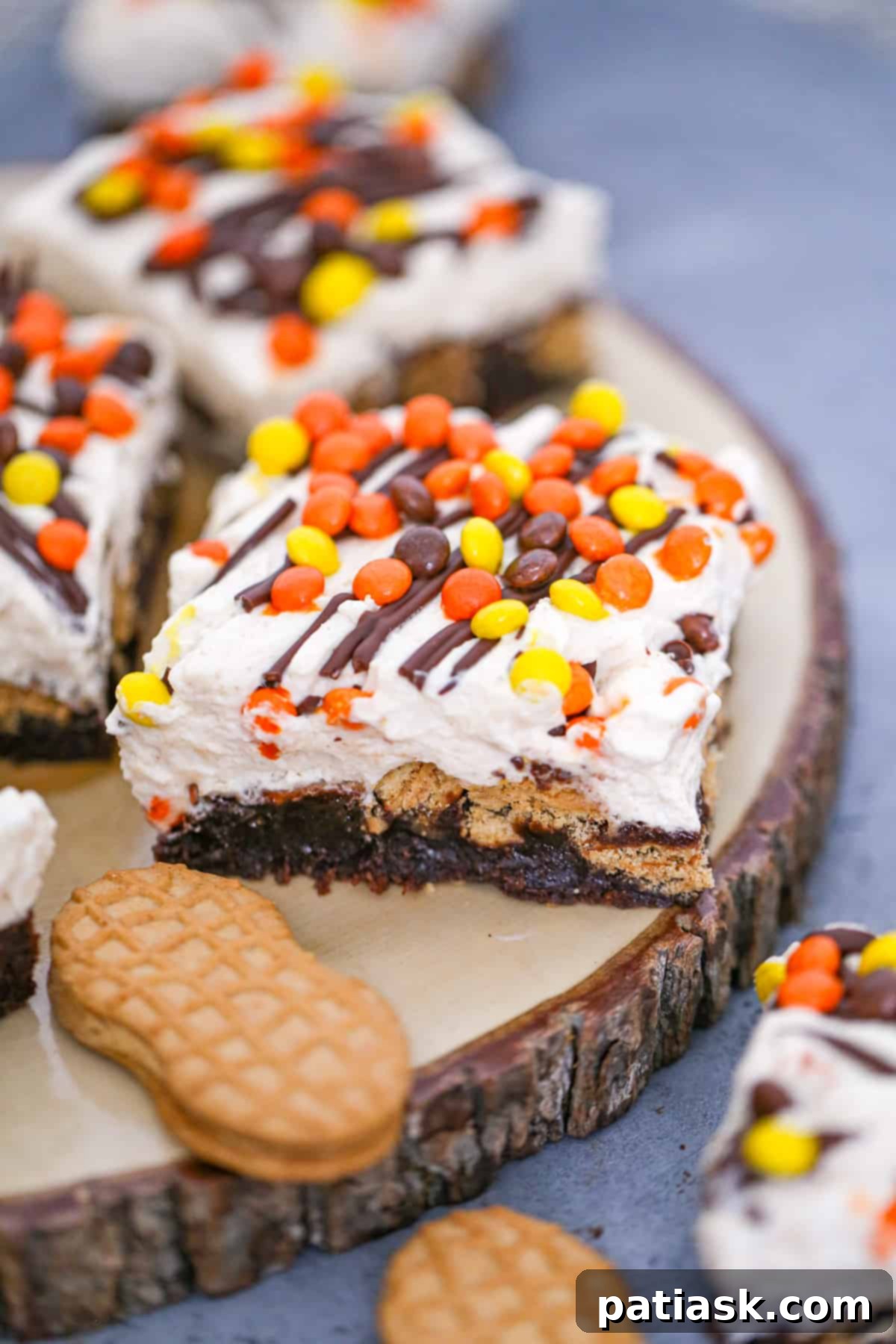 Nutter Butter Peanut Butter Brownie Bliss 4 Overhead shot of Nutter Butter Peanut Butter Brownie Delight, glistening with chocolate drizzle