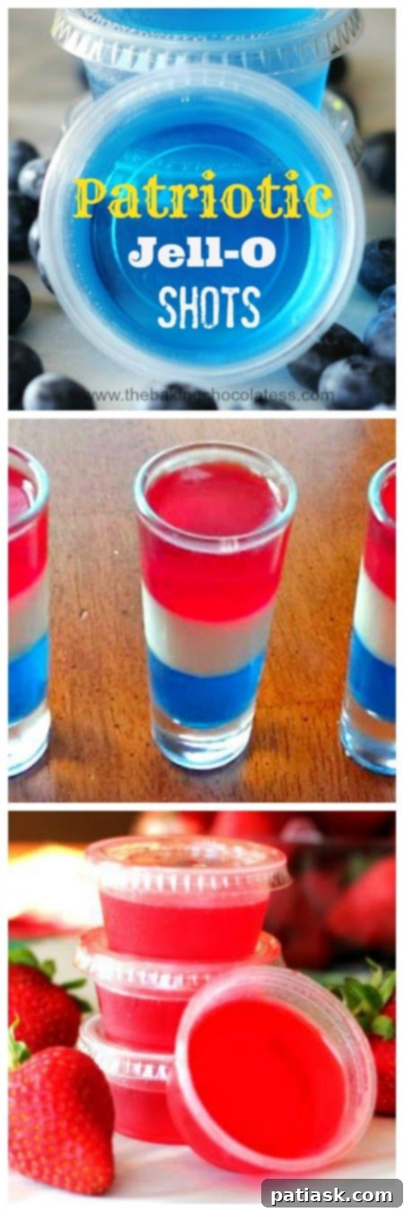 Stars and Stripes Shooters 3 Close-up of a single layered Red, White, and Blue Jello Shot, showcasing the distinct colors and inviting texture.