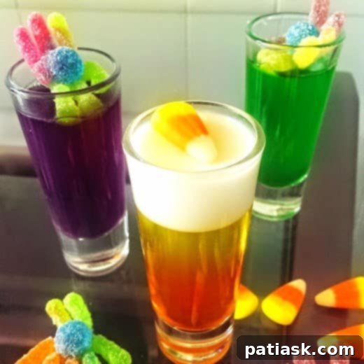 20 Hauntingly Delicious Halloween Treats 12 A trio of Halloween Jell-O Shots in purple, orange, and green colors.