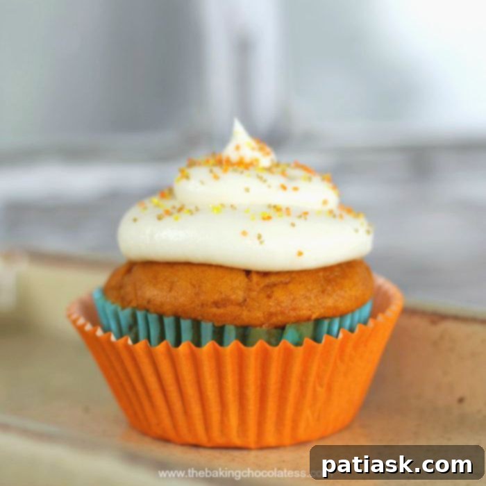 20 Hauntingly Delicious Halloween Treats 19 Plush Pumpkin Cupcakes with Vanilla Cream Cheese Frosting, decorated for fall.
