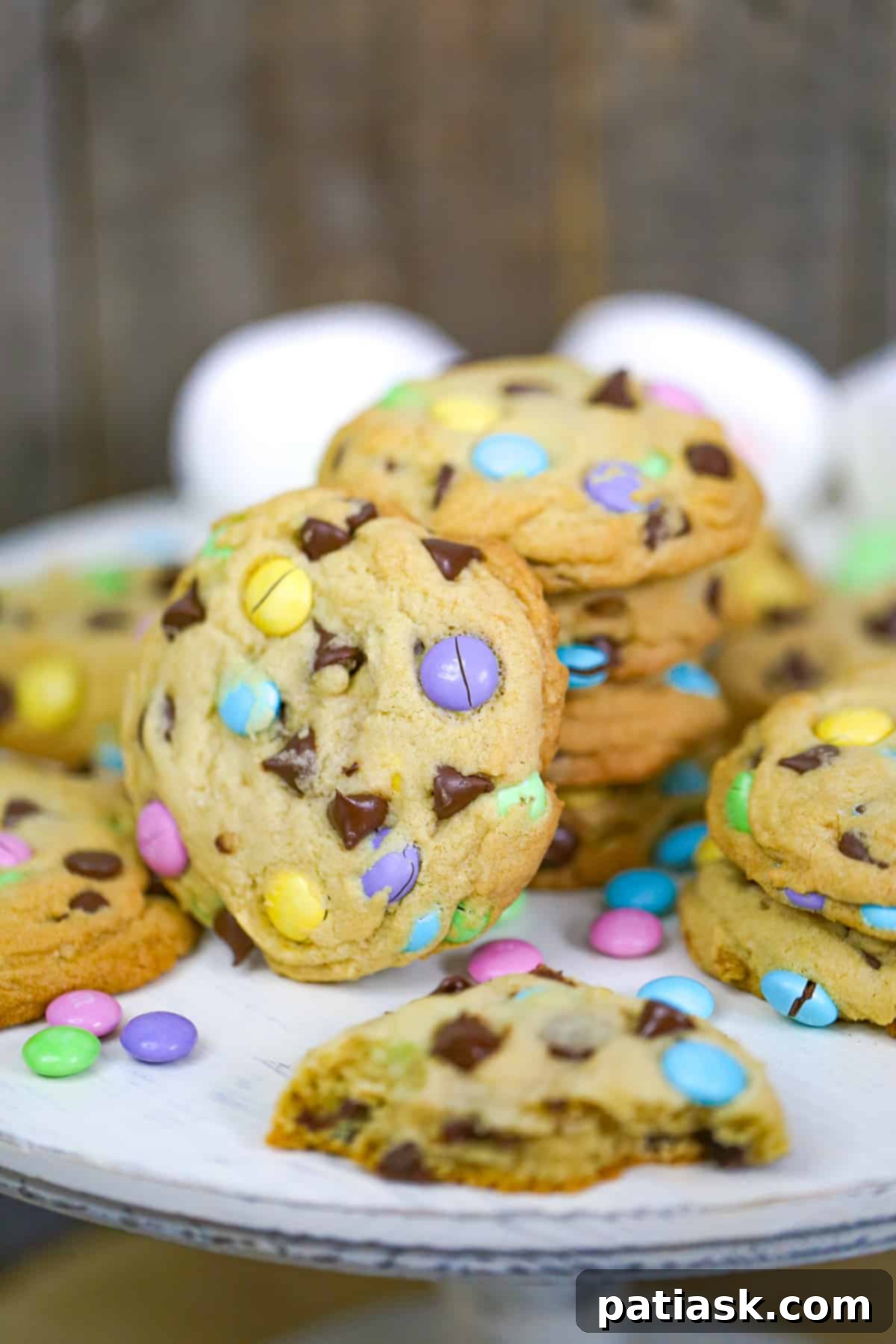 Close-up of freshly baked Spring M&M Chocolate Chip Cookies