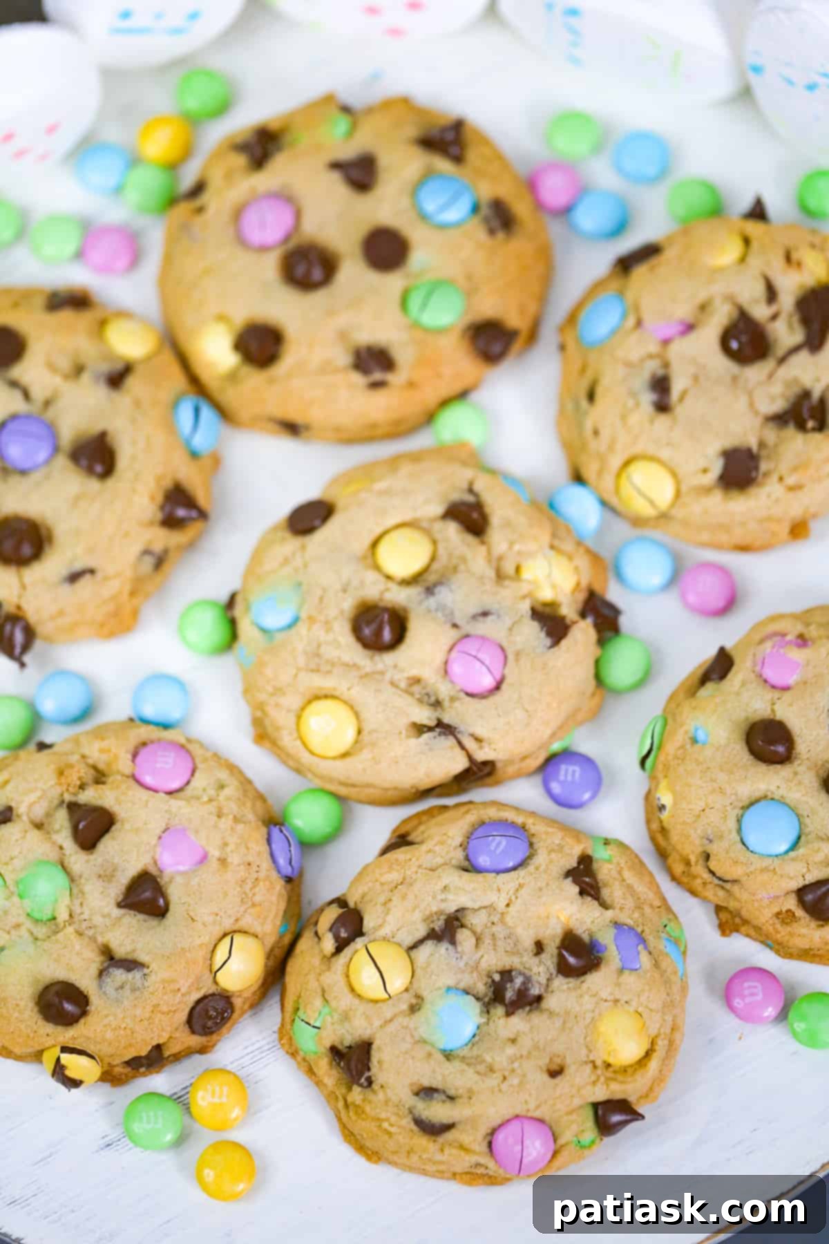 Delicious Spring M&M Chocolate Chip Cookies cooling on a wire rack