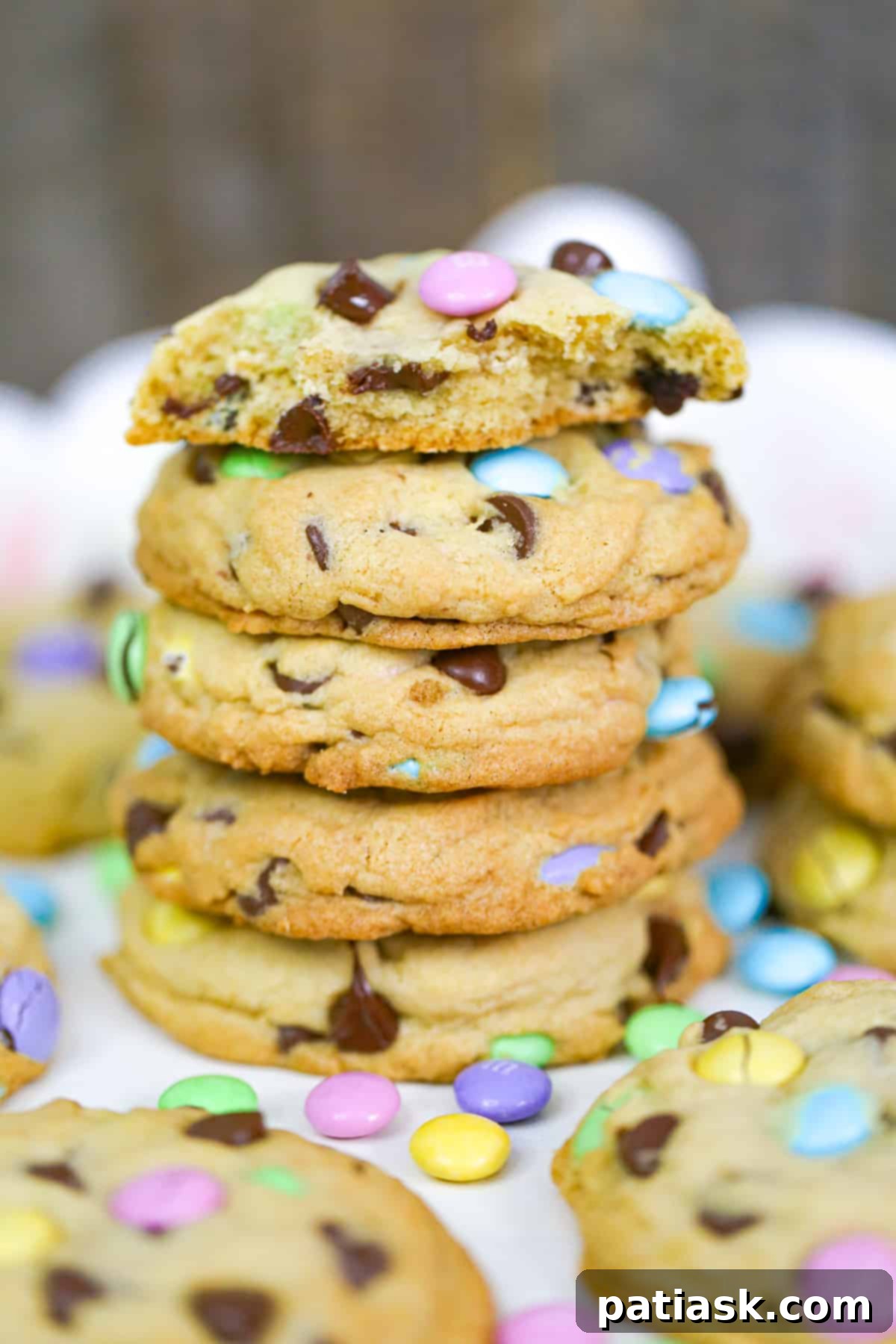 Basket of Spring M&M Chocolate Chip Cookies ready to be enjoyed