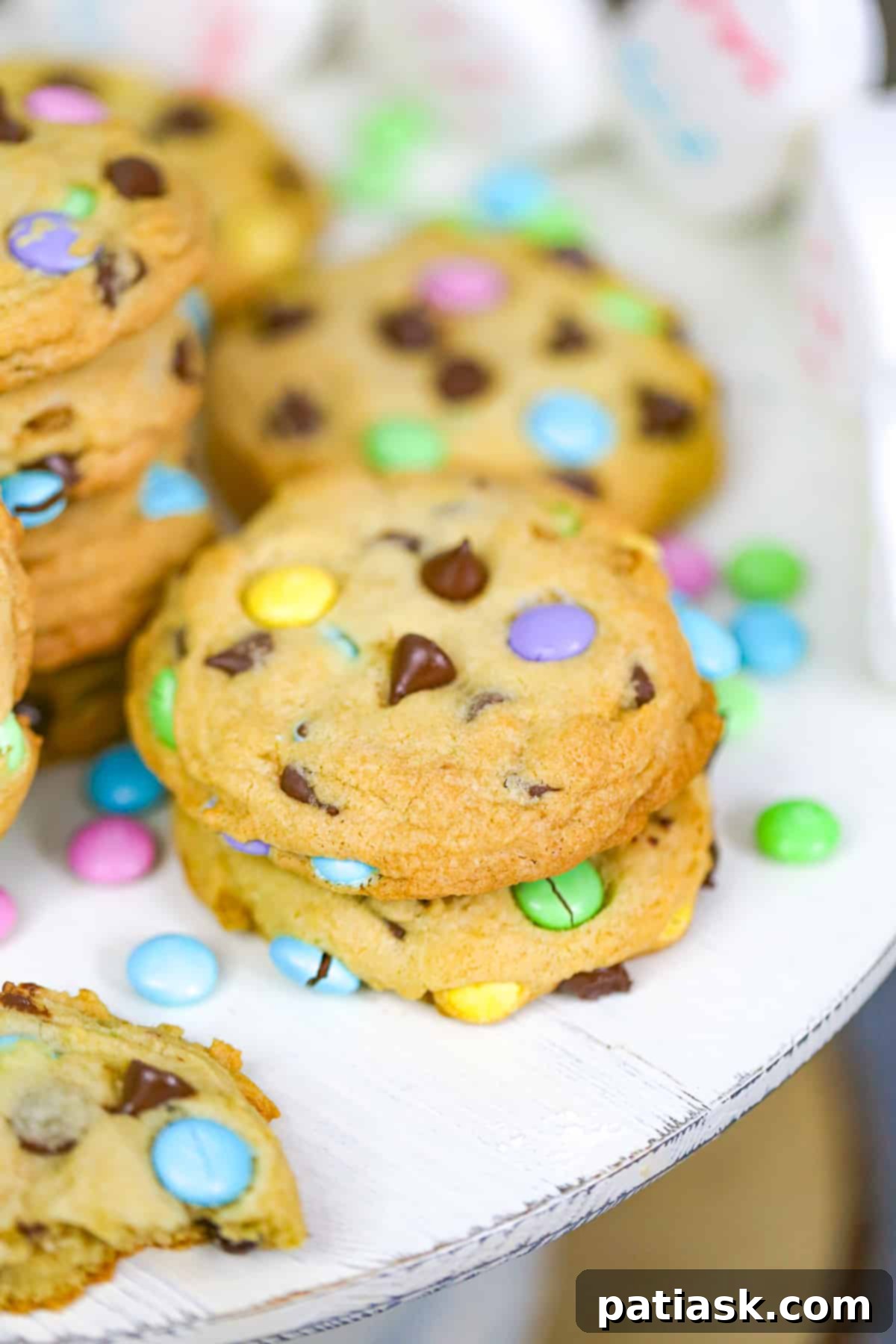 Stack of freshly baked Spring M&M Chocolate Chip Cookies