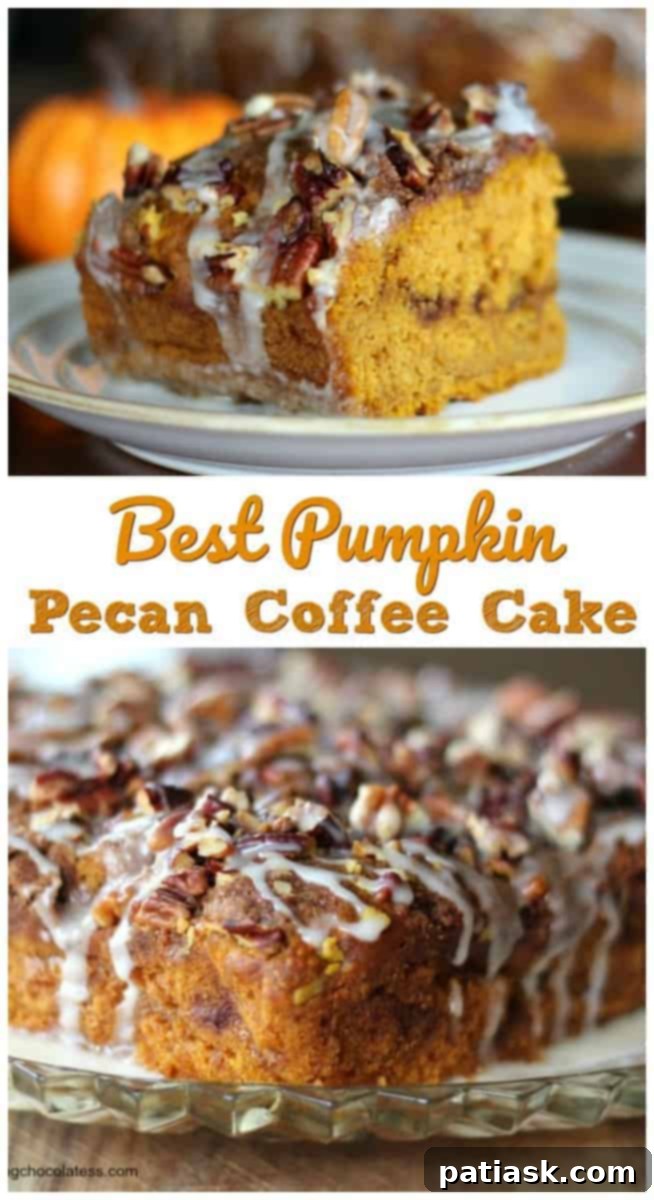 Indulgent Pumpkin Pecan Coffee Cake with Brown Butter Glaze 6 Sliced Pumpkin Pecan Coffee Cake with glistening brown butter glaze, ready to serve.