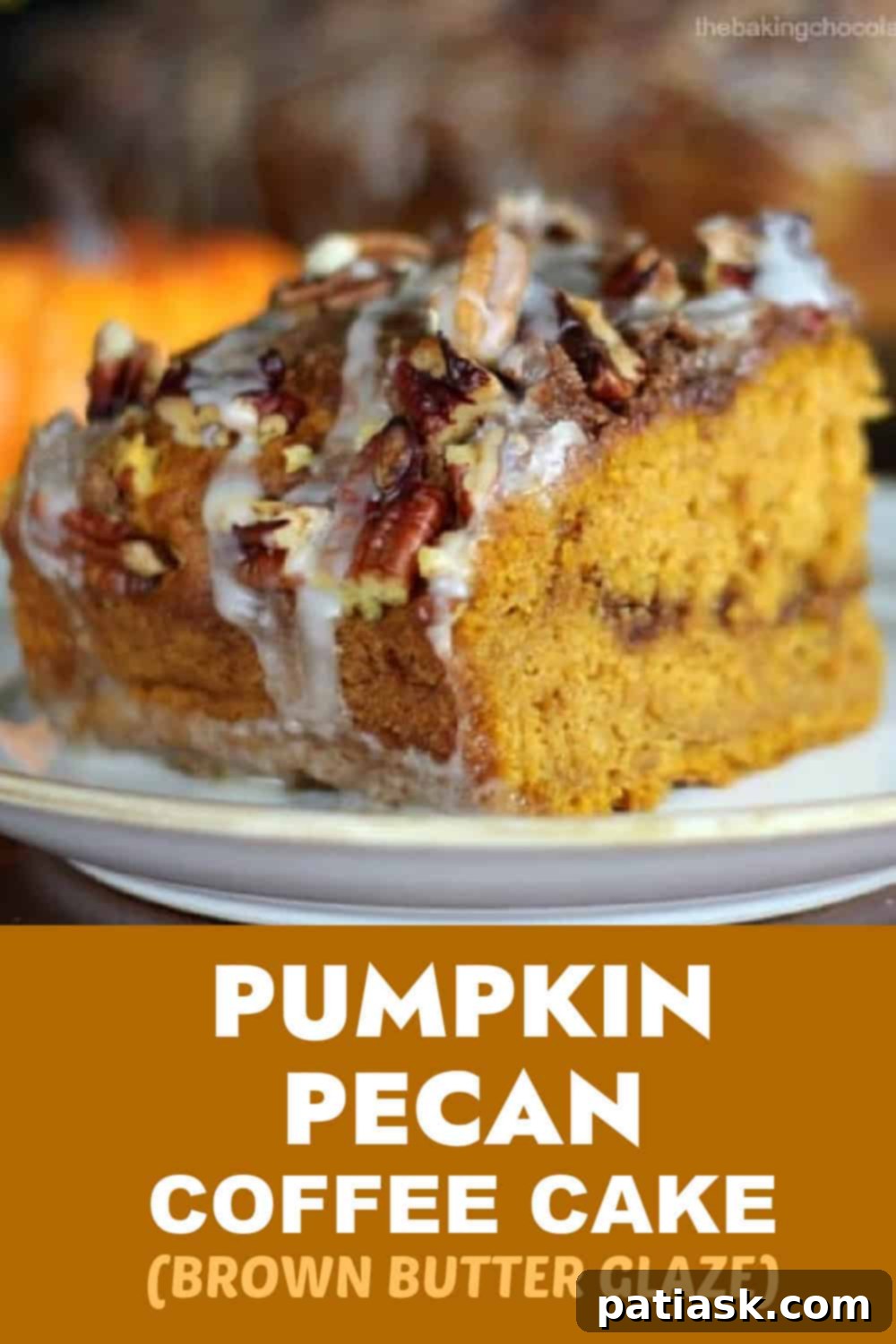 Indulgent Pumpkin Pecan Coffee Cake with Brown Butter Glaze 8 Angled shot of a Pumpkin Pecan Coffee Cake slice with a warm drink, perfect for autumn.