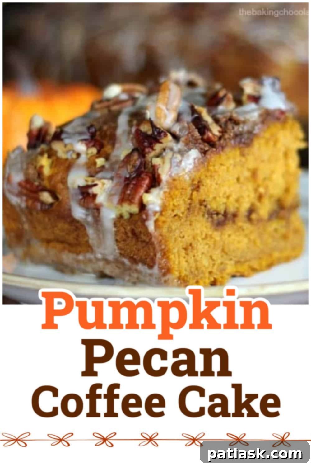 Indulgent Pumpkin Pecan Coffee Cake with Brown Butter Glaze 5 A beautifully presented whole Pumpkin Pecan Coffee Cake on a festive autumn background.