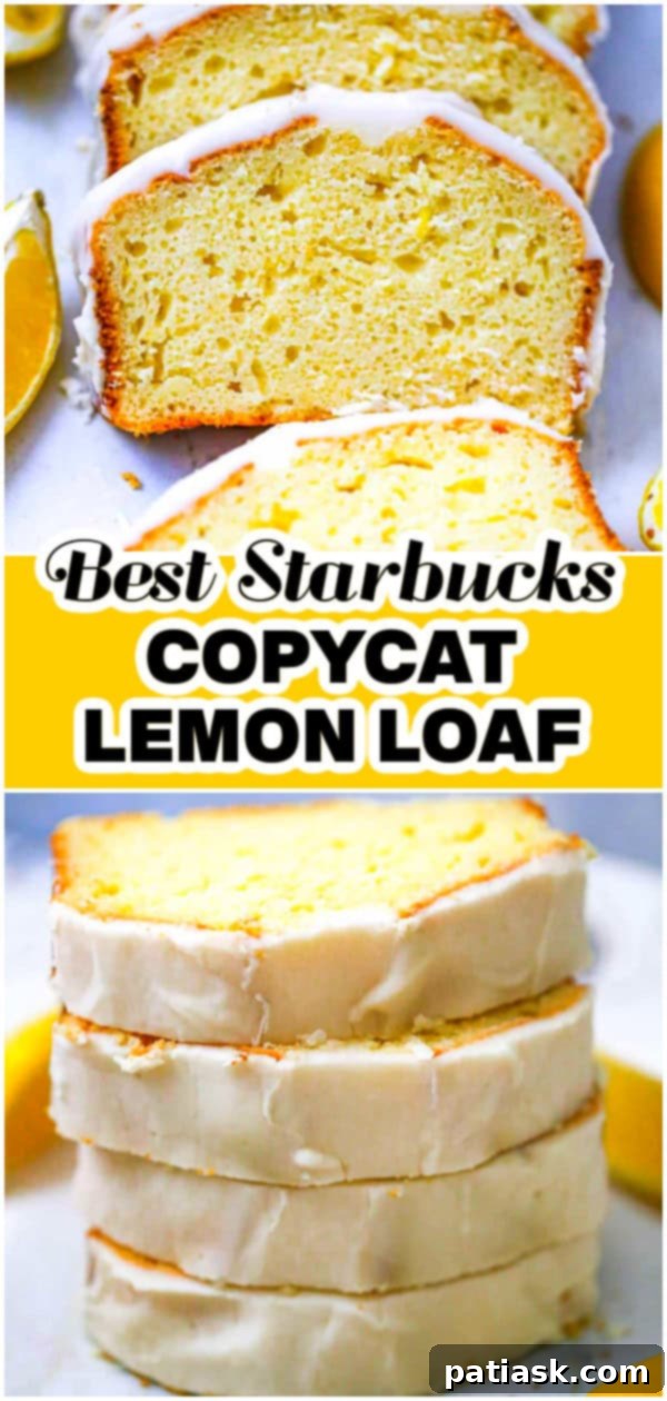 Starbucks-Inspired Glazed Lemon Loaf 9 COPYCAT LEMON LOAF - A tall, enticing image of a finished lemon loaf with a thick glaze.