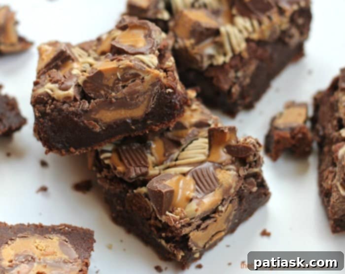 Ultimate Peanut Butter Cup Brownies 2 OMG Peanut Butter Cup Brownies recipe - a close-up of delicious fudgy brownies with melted peanut butter cups inside