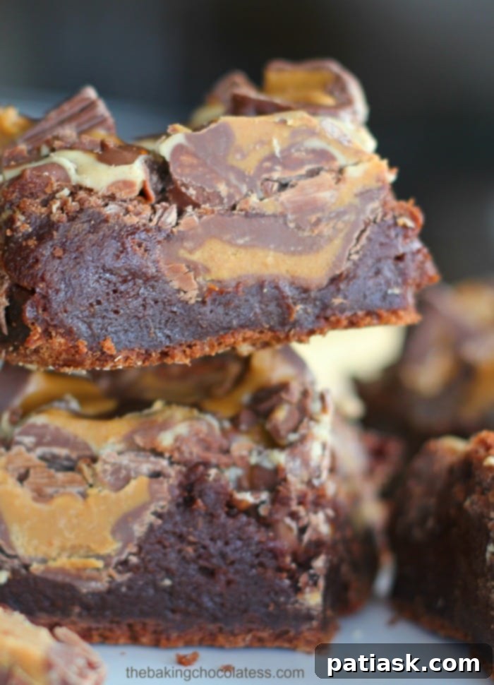 Ultimate Peanut Butter Cup Brownies 3 Close-up of a stack of OMG Peanut Butter Cup Brownies, showcasing their thick, fudgy texture