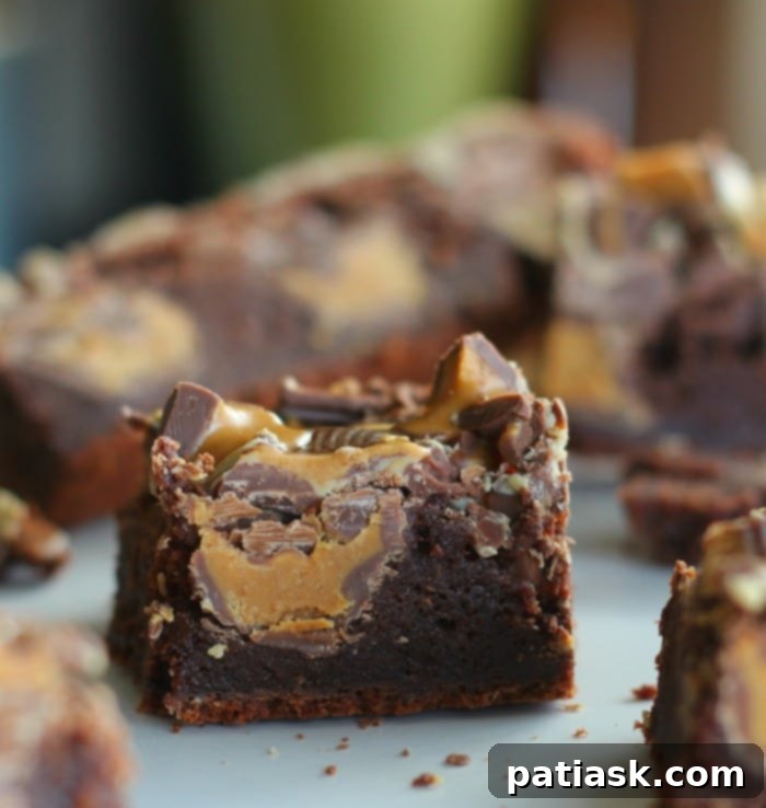 Ultimate Peanut Butter Cup Brownies 4 A whole pan of OMG Peanut Butter Cup Brownies, ready to be cut and served