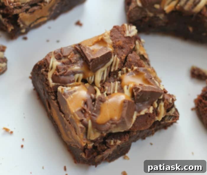 Ultimate Peanut Butter Cup Brownies 5 A sliced OMG Peanut Butter Cup Brownie showing the gooey center and embedded peanut butter cups