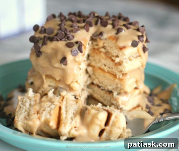 Krusteaz: Make Every Dinner Breakfast This Month 6 Peanut Butter Pancakes Stacked High with Syrup