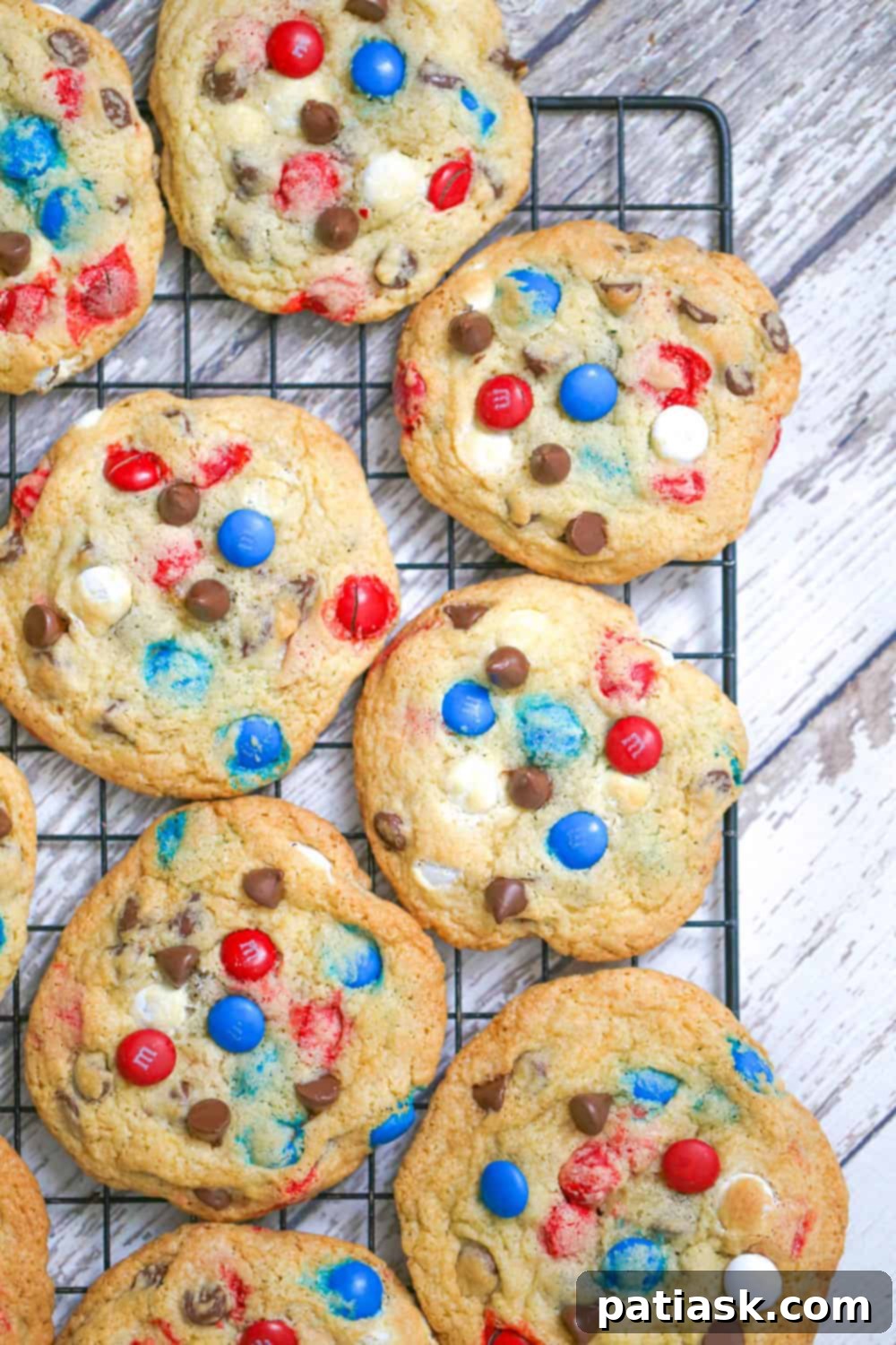 Best Red White and Blue M&M Chocolate Chip Cookies on baking rack red white and blue cookies m&m