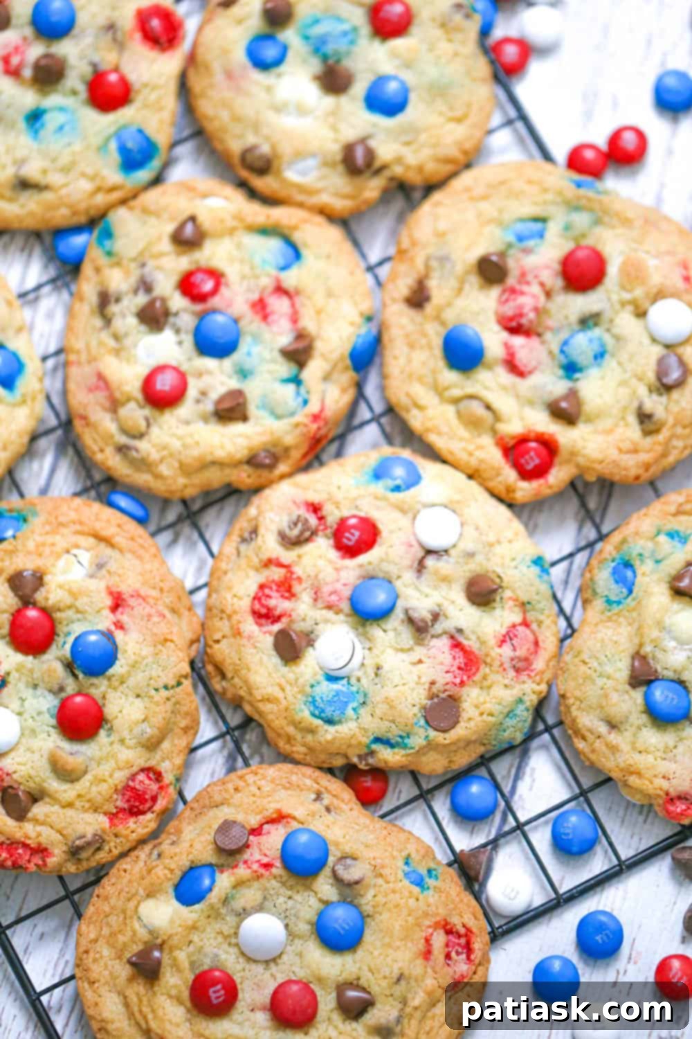 Best Red White and Blue M&M Chocolate Chip Cookies on baking rack red white and blue cookies m&m