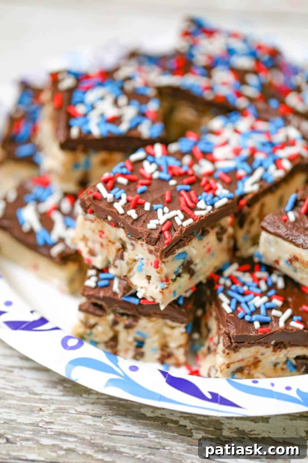 Chilled Chocolate Chip Cookie Dough Bars 2 Delicious No Bake Chocolate Chip Cookie Dough Bars topped with sprinkles