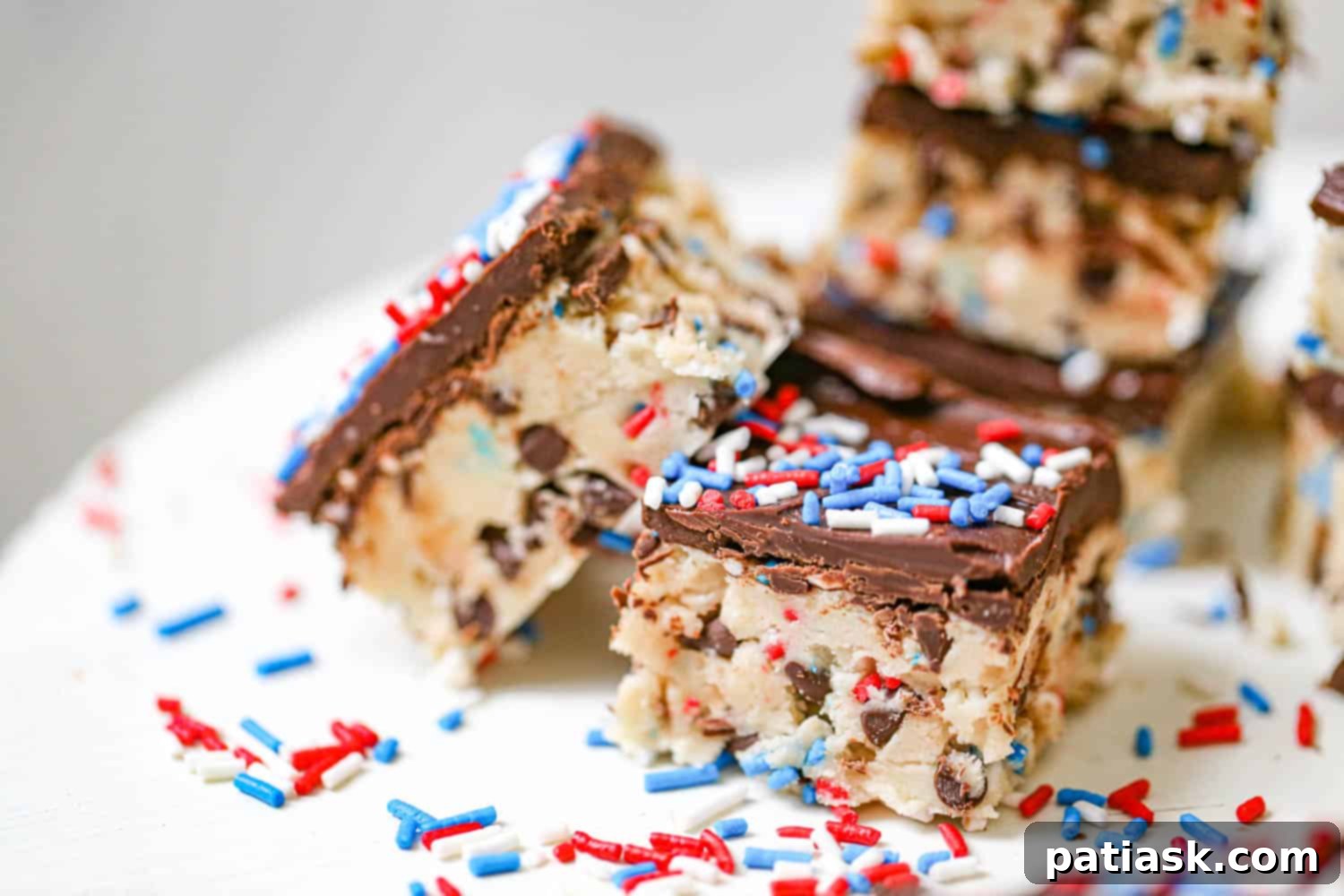 Chilled Chocolate Chip Cookie Dough Bars 3 Close-up of chocolate chip cookie dough bars with sprinkles