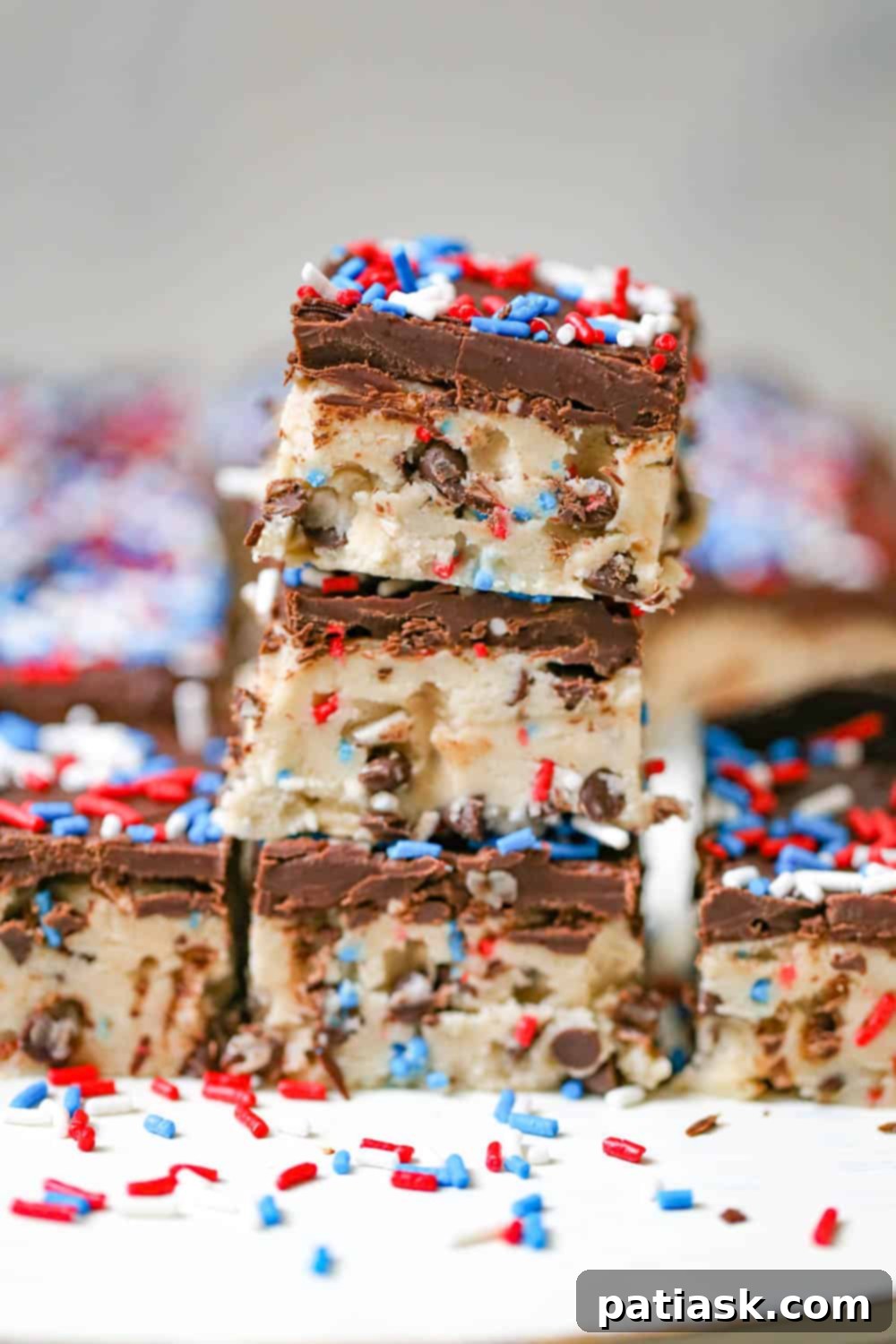 Chilled Chocolate Chip Cookie Dough Bars 4 Stack of freshly made chocolate chip cookie dough bars