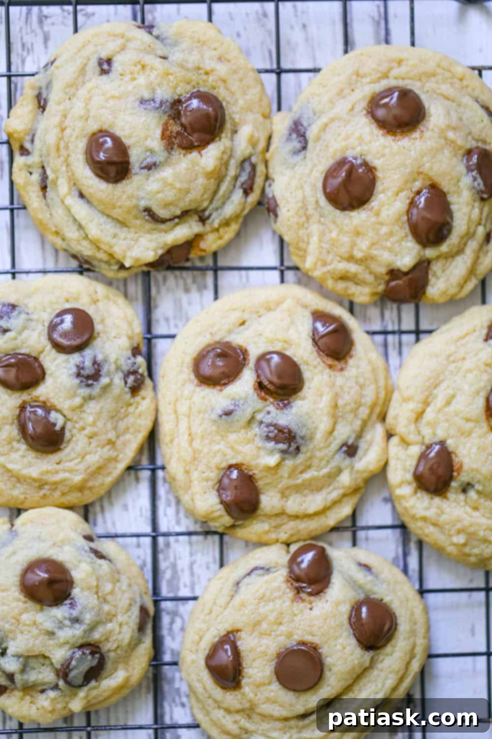 Velvet Pudding Chocolate Chip Cookies 3 Freshly baked chocolate chip pudding cookies cooling on a wire rack