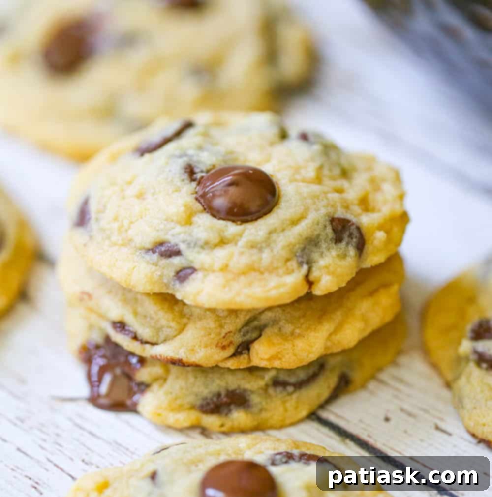 Velvet Pudding Chocolate Chip Cookies 4 Stack of soft chocolate chip pudding cookies ready to be enjoyed