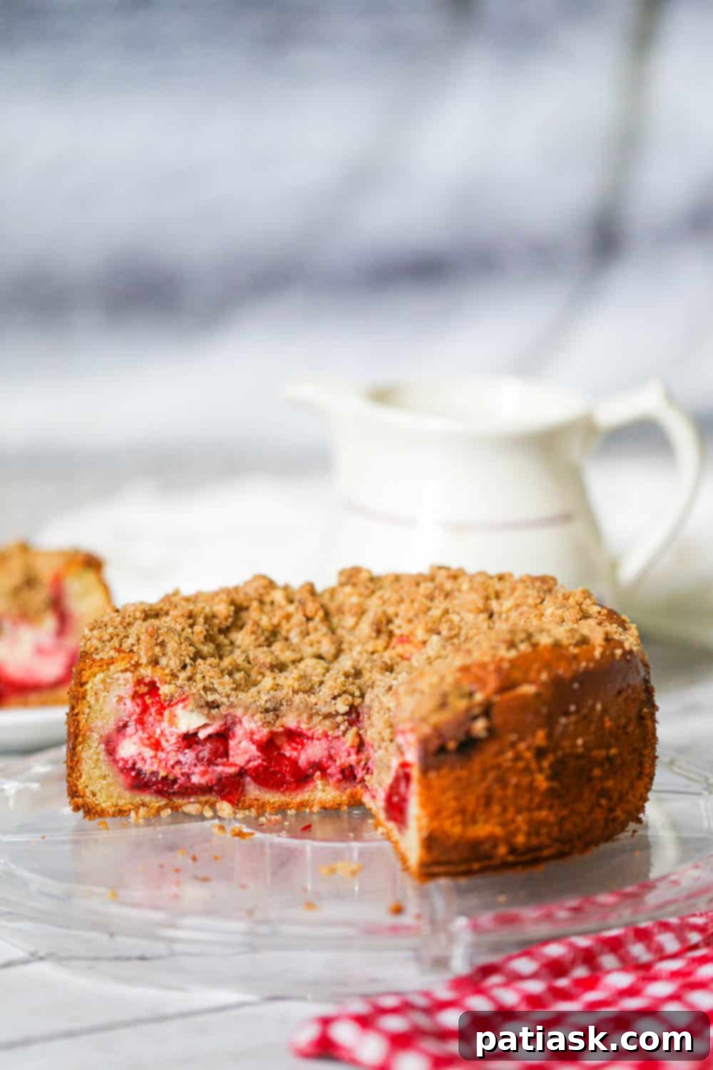 Cherry Cheesecake Coffee Cake 3 Close-up of a slice of Cherry Cream Cheese Coffee Cake, showcasing the vibrant cherry and creamy cheese layers.