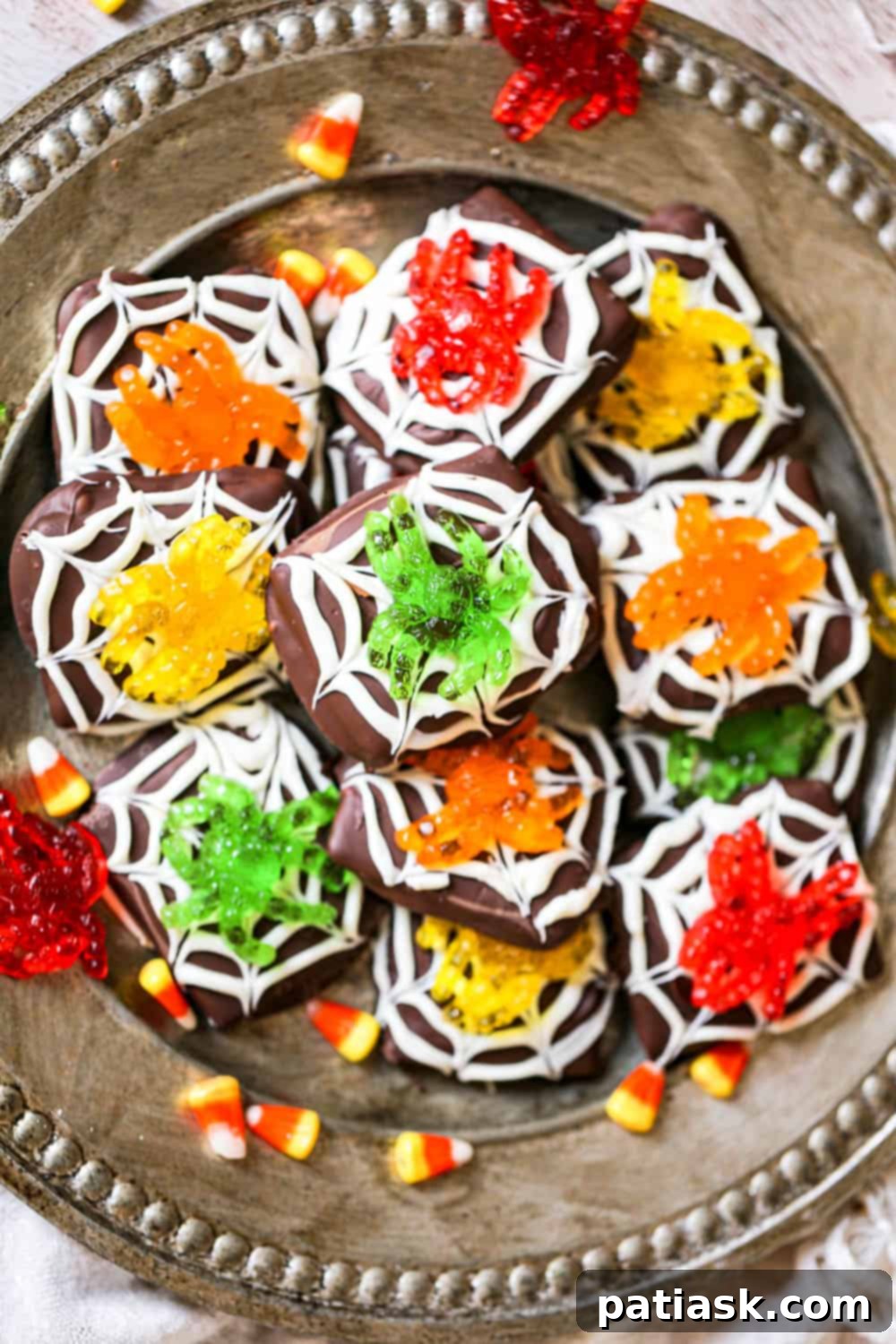 Chocolate Spiderweb Graham Treats 2 Spider Chocolate Graham Cracker cookies chocolate covered recipe jelly Halloween dessert