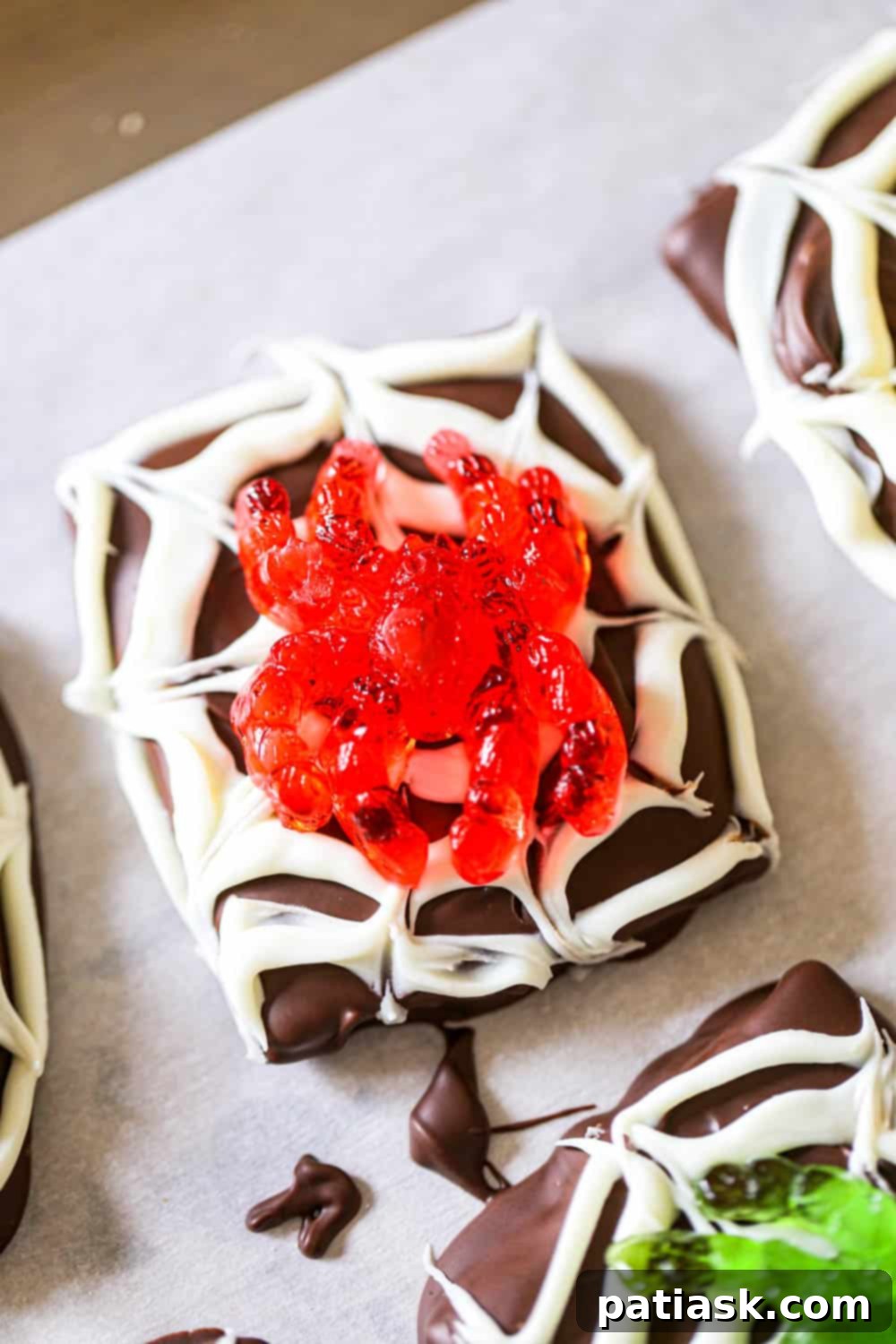 Chocolate Spiderweb Graham Treats 4 Spider Chocolate Graham Cracker cookies chocolate covered recipe jelly Halloween dessert