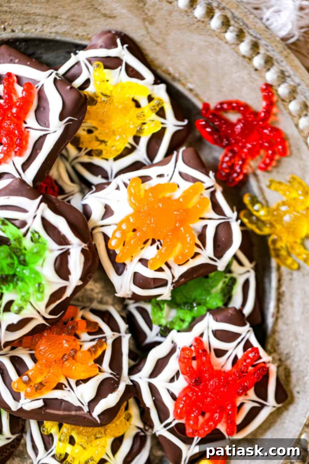 Chocolate Spiderweb Graham Treats 5 Spider Chocolate Graham Cracker cookies chocolate covered recipe jelly Halloween dessert