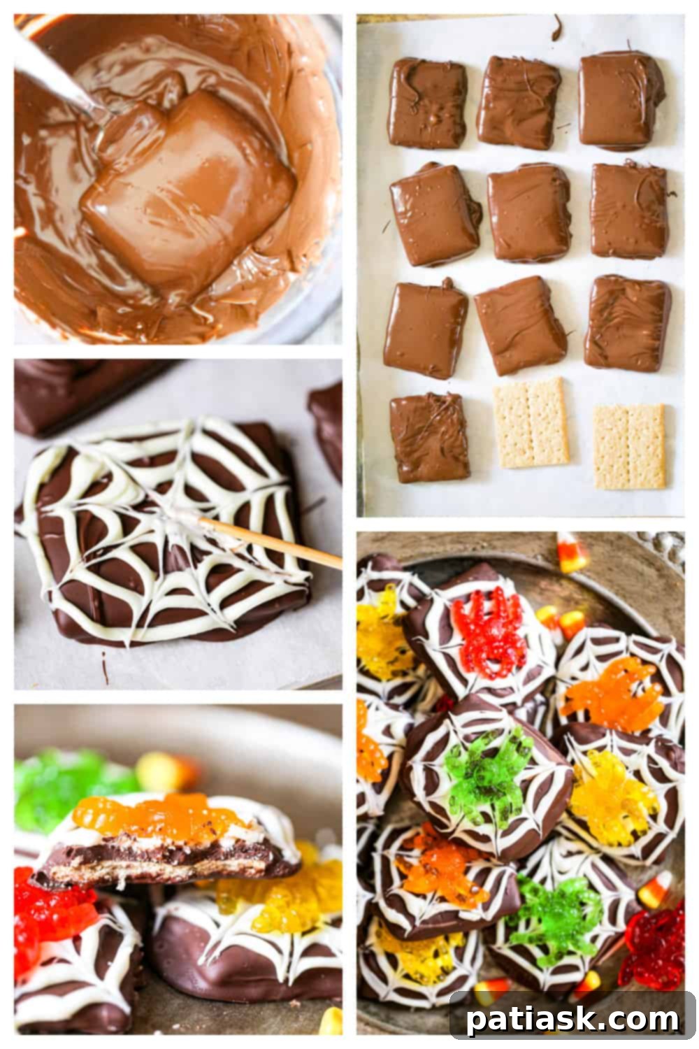 Chocolate Spiderweb Graham Treats 3 Spider Chocolate Graham Cracker cookies chocolate covered recipe jelly Halloween dessert