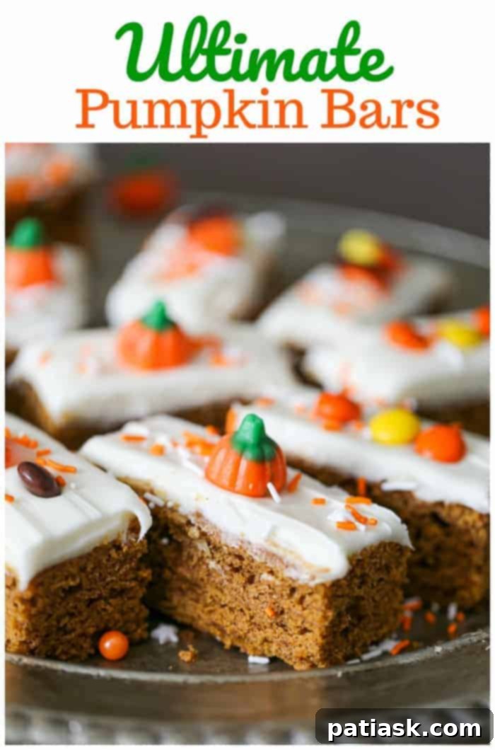 25 Irresistible Fall Desserts 4 Ultimate Pumpkin Bars with Creamy Cream Cheese Frosting, a perfect fall dessert