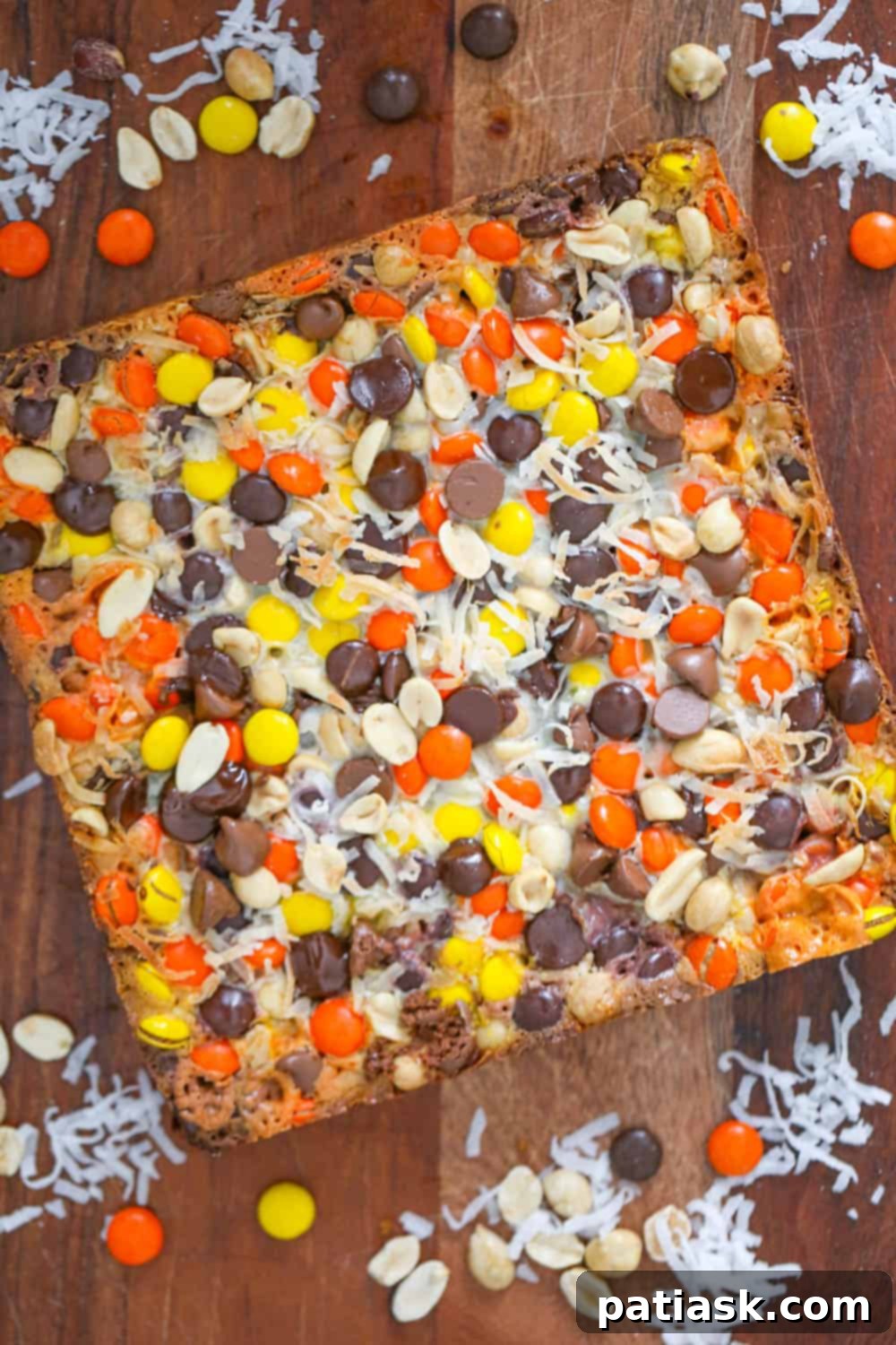 Reese's Pieces Peanut Butter Dream Bars 5 Sliced Reese's Pieces Magic Bars with a graham cracker crust